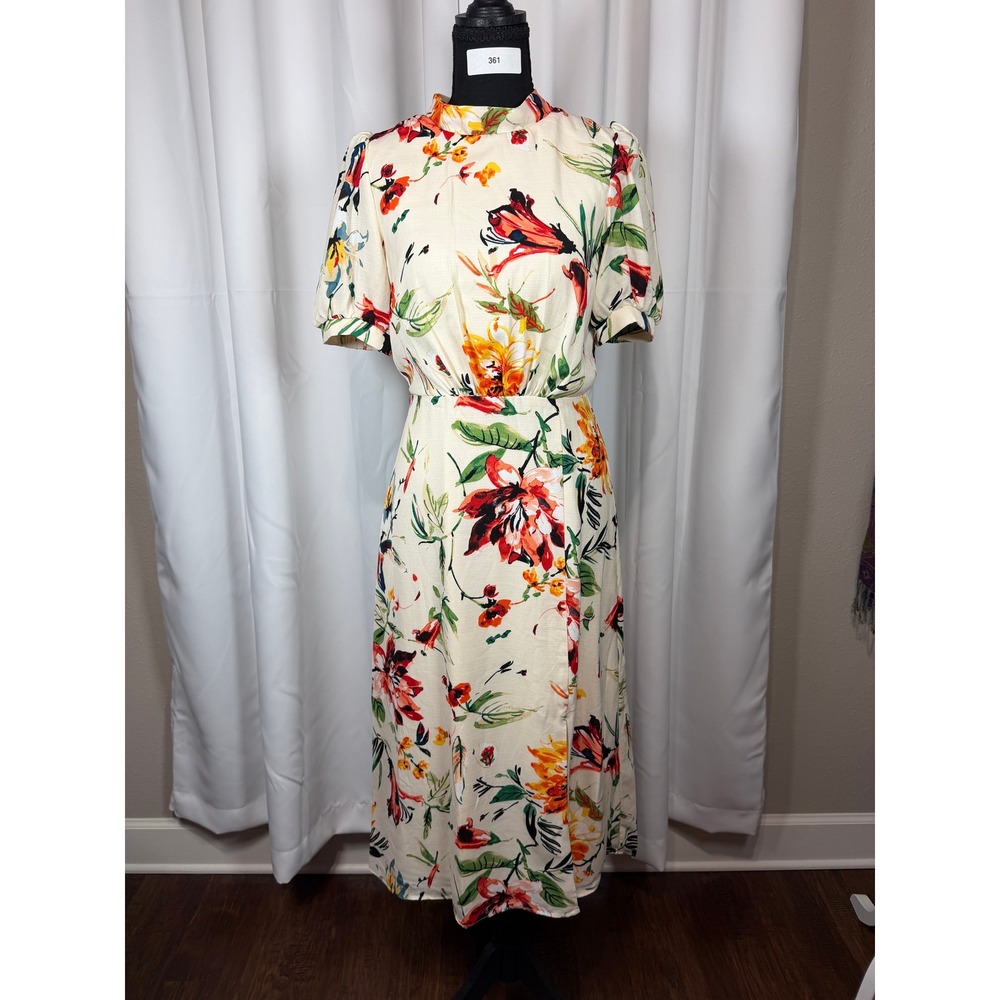 Julia Jordan Floral Mock Neck Tie Back Midi Dress Cream Multicolor Size 2
